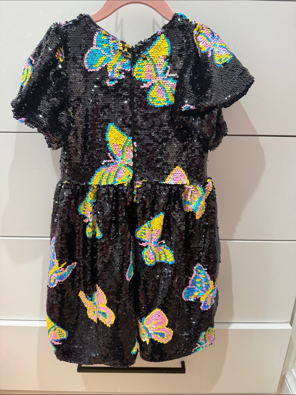 Lola + The Boys Black Sequin Dress with Yellow, Blue and Pink Butterfly Accents - Picture 3 of 3